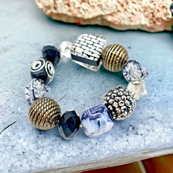 Subway Bling Bracelet Stretch Modern Art Glass Metal Beaded Rhinestone Jewelry - Picture 8 of 8